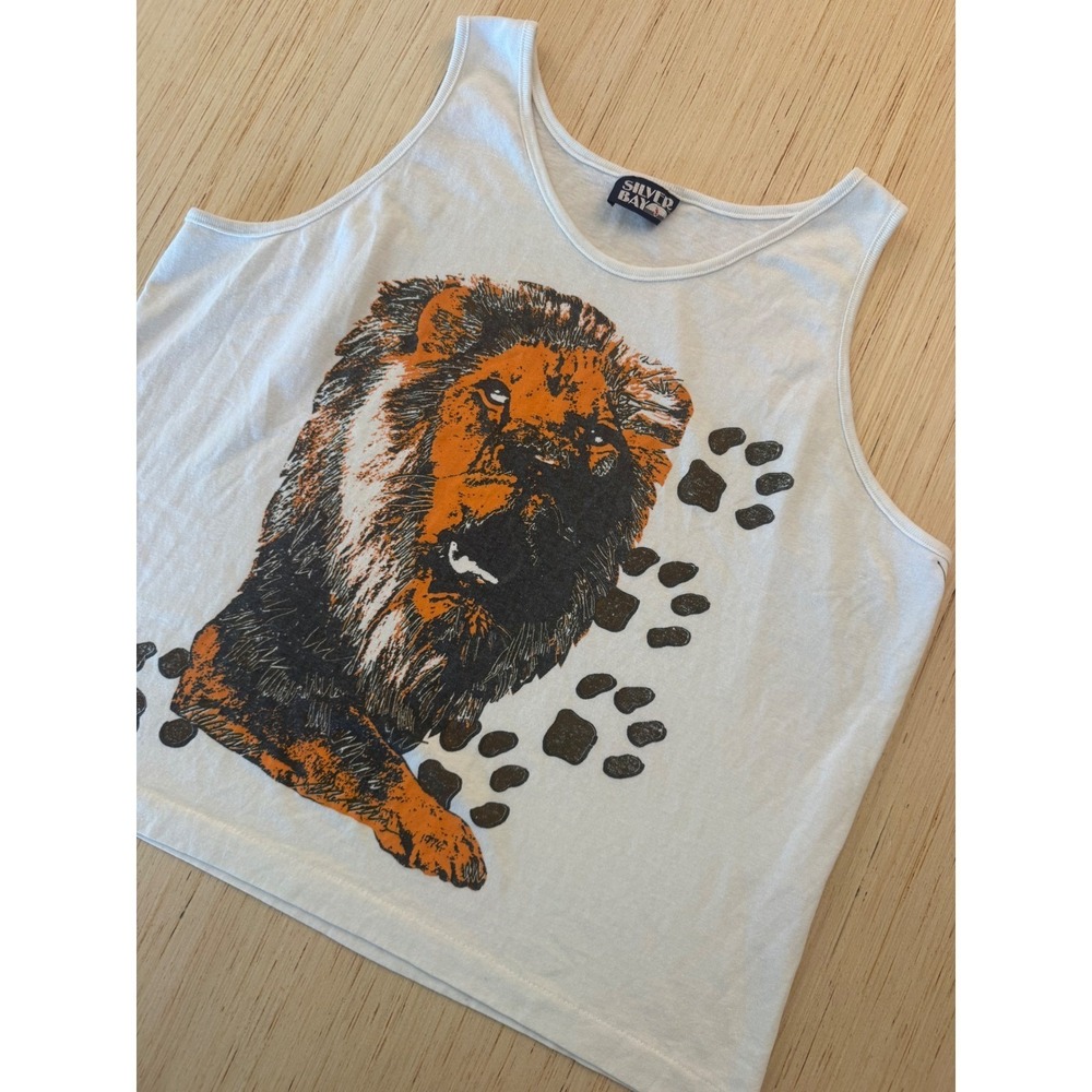Vintage Silver Bay Lion Graphic Tank Top Mens White Single Stitch Made in USA 21